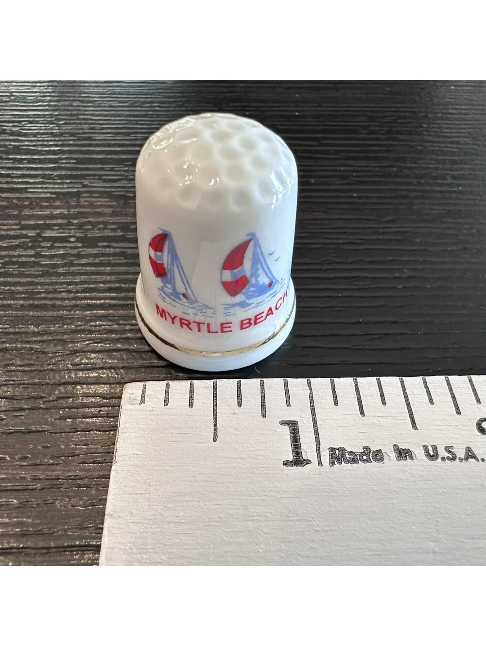 Myrtle Beach South Carolina Souvenir Thimble Sailboats Gold Trim EUC